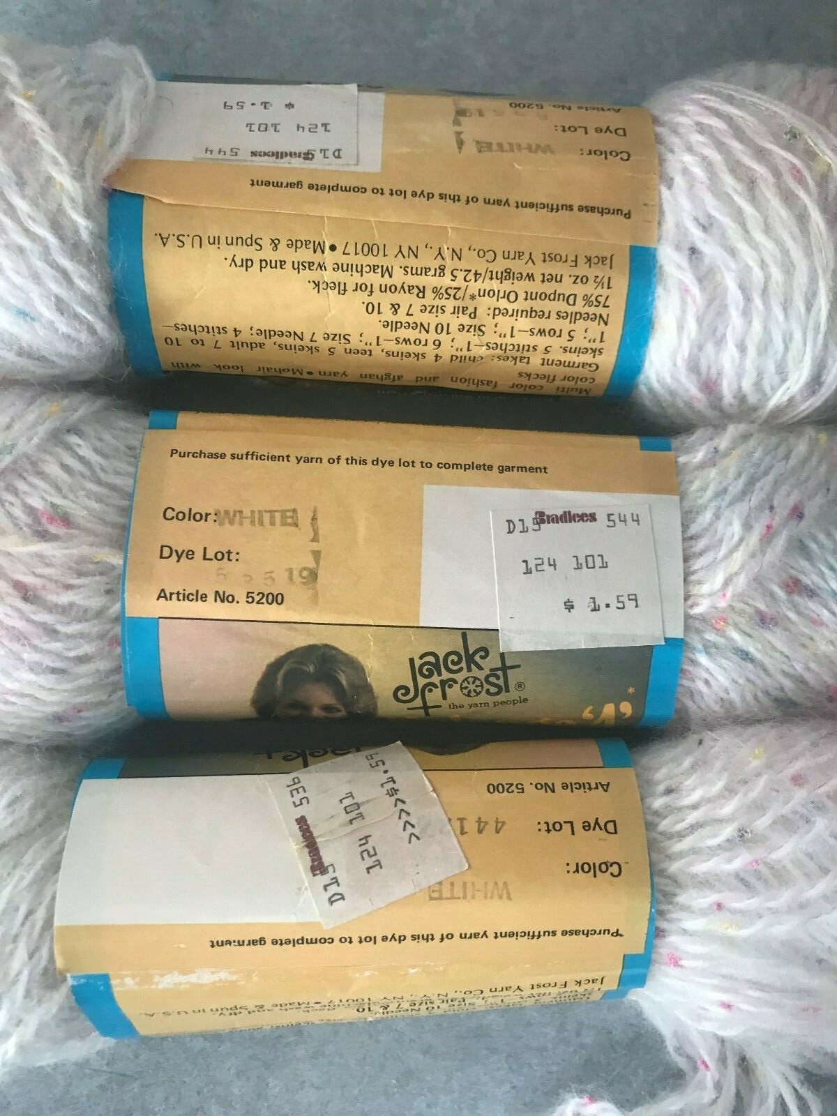 Vtg 3 Skeins MELANGE4 JACK FROST yarn white color fleck pastel mohair