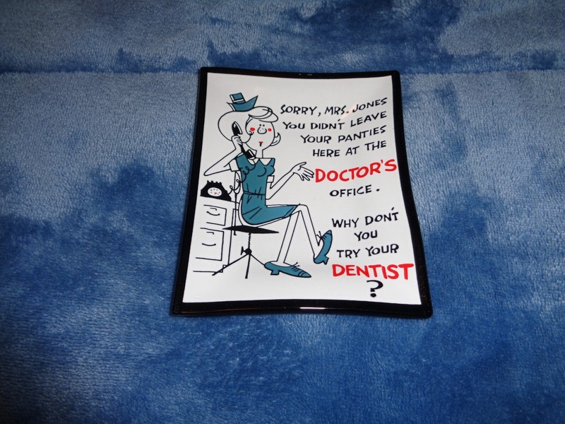 VINTAGE 1960S? HOUSE ART, HUMOROUS , RISQUE GLASS GREETING CARD, TRINKET DISH