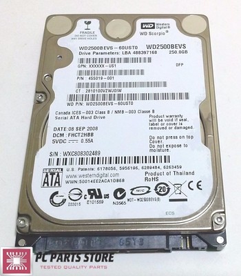 Western Digital 250GB 2.5 WD2500BEVS-60UST0 2061-701499-600 AG FOR PARTS/REPAIR