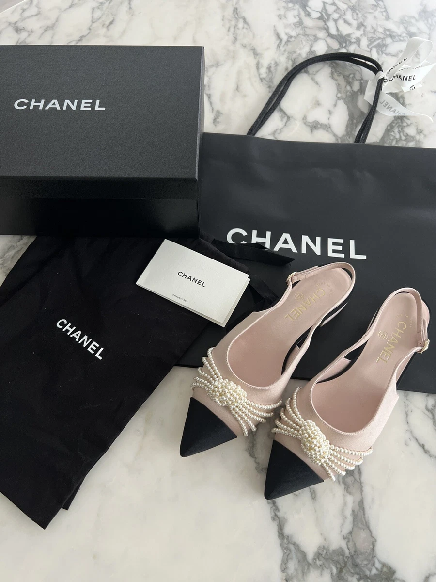 NEW $1475 CHANEL 20A PINK SATIN BLACK GROSGRAIN PEARL FLATS