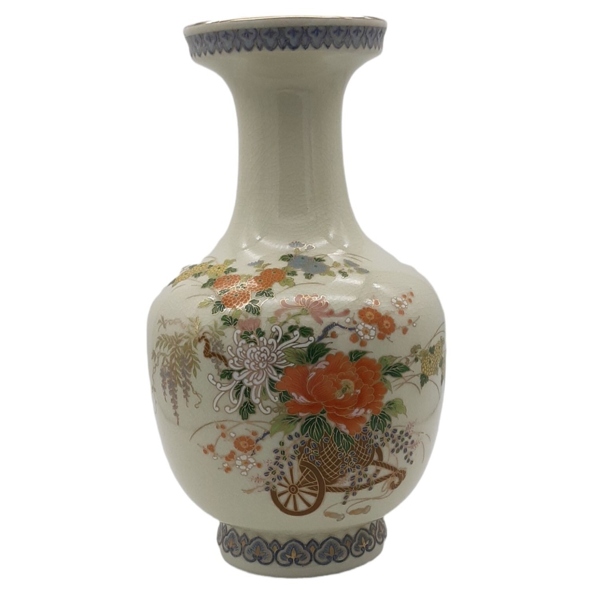 Vtg Japanese Made Porcelain Blue Orange Yellow Floral Vase Gold