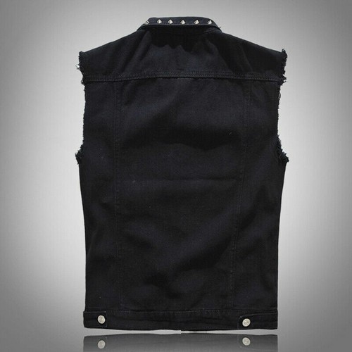 Mens Studded Denim Gilet Sleeveless Biker Jacket Shirt Waistcoat Jeans Punk Cool - Picture 8 of 14