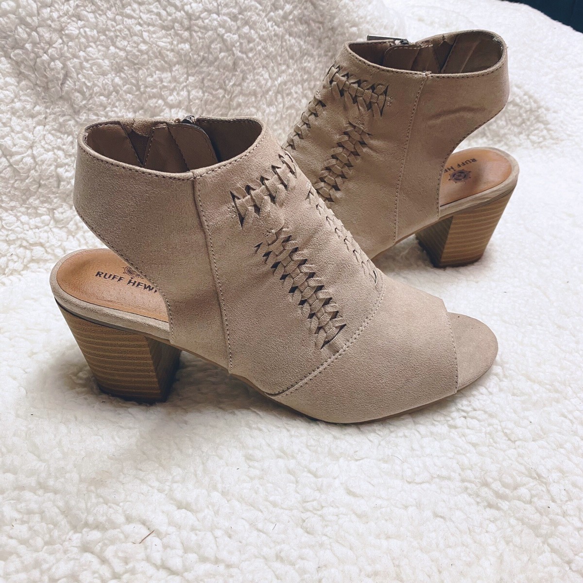 Ruff Hewn Boots Womens M Pia Peep Toe Slingback Zip Bootie Brown Fabric  Heels