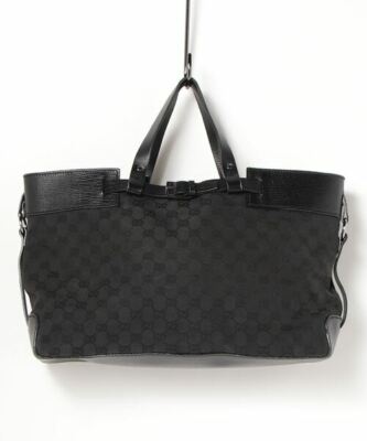 Auth Gucci Handbag Tote Bag #8002 Black Canvas Leather GG