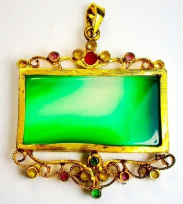 VINTAGE ST. SIL GOLD PLATED PENDANT, WITH GREEN ONYX, RUBY, EME.