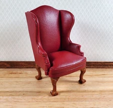 Miniature Wing Back Arm Chair Dark Red 1:12 Scale Furniture Faux Leather