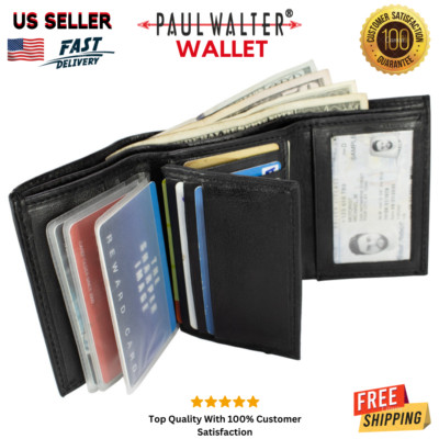 Men s Trifold Lambskin Leather Wallet,  ID Wallet with Multiple Card Pockets