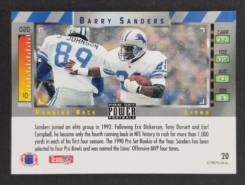 Barry Sanders 1993 Pro Set Football Card #20 (NM) - Picture 2 of 2
