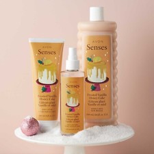 Avon Senses FROSTED VANILLA HONEY CAKE Bubble Bath, Lotion, Hair Body Mist NEW