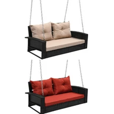 Wicker Hanging Porch Swing Chair Rattan Patio Lounger 2-Seat Padded for Garden
