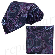New Men's Micro Fiber Neck Tie & Hankie Set Paisley purple formal party wedding