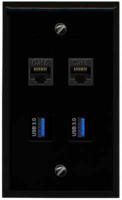 RiteAV 2 Port Cat6 2 USB3 Wall Plate Flat Black