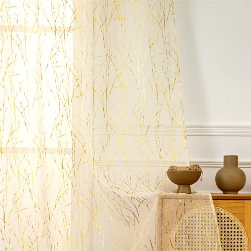 Cream Sheer Curtains 96 inch Length 2 Panels, Tree Branch Gold Foil Print - Picture 6 of 8