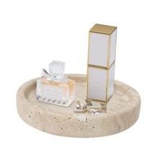 Travertine Tray, Small Ceramic Vanity Tray for Bathroom Counter 5.9" Beige