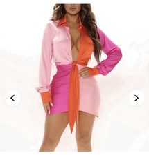 Fashion Nova Pink/Orange Color Block Satin Dress Size L NWT Birthday Party Dress