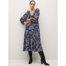 Mango Floral Printed Tiered Midi Dress Women 10 Navy Prairie Cottage 3/4 Sleeve