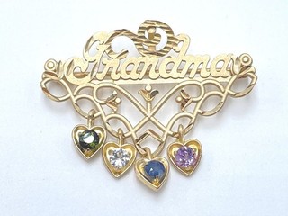 14K Yellow Gold Mixed Gemstones "Grandma" w/Hearts Pendant/Brooch 3.56 Grams