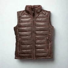 Mens Brown Genuine Leather Puffer Vest Quilted Winter Warm Biker Gilet Waistcoat