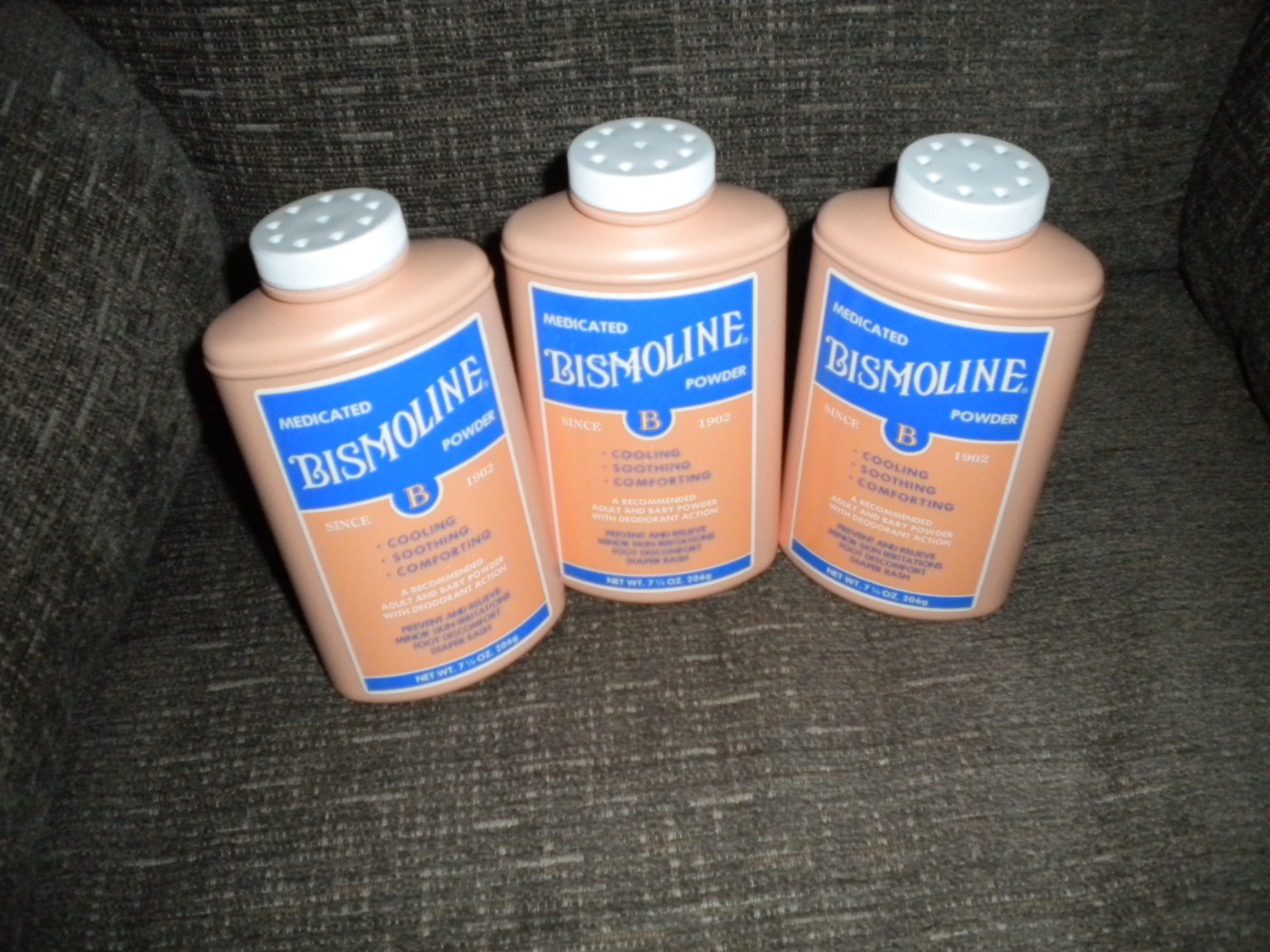 3 Bismoline Medicated Powder Talc Talcum 7.25oz each Original Scent