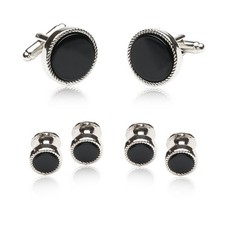 Cuff-Daddy Onyx Silver Cufflinks and Studs Round Ribbed Tuxedo Formal Set wit...