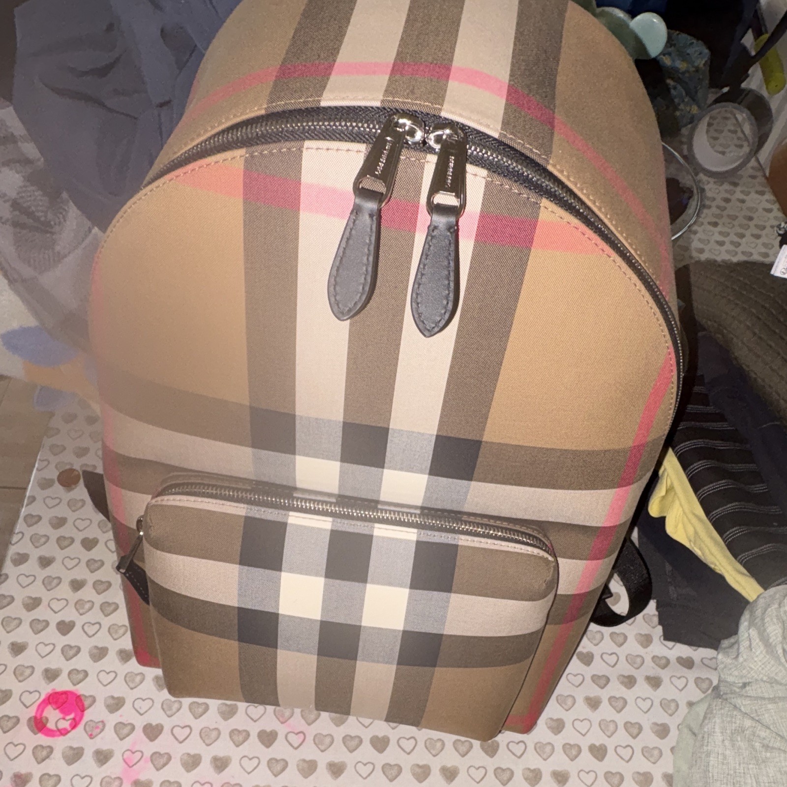 Burberry Beige Check Leather Backpack for Women with Adjustable Straps