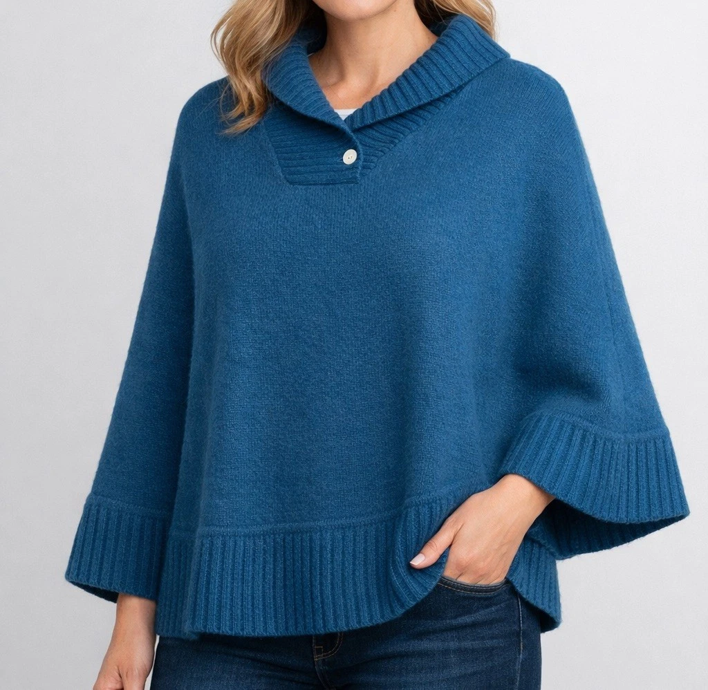Portolano Teal Blue Lambswool Angora Knit Poncho Cape Sweater One Size NWT $200