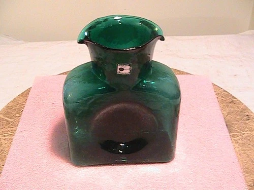 Blenko Emerald Glass Double Spout 384 Water Bottle/Pitcher/Carafe 8" tag