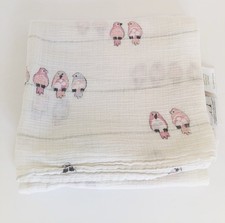 Aden  Anais Baby Swaddle Muslin Blanket White Cotton Pink Birds On Wire 40x42