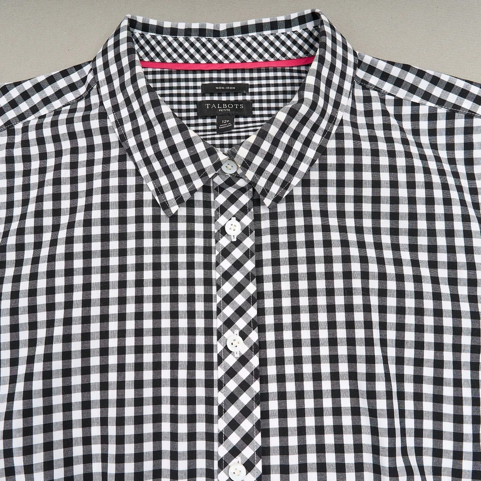Camisa Talbots para mujer 12P negra blanca a cuadros algodón elástico con botones Foto 2 de 4