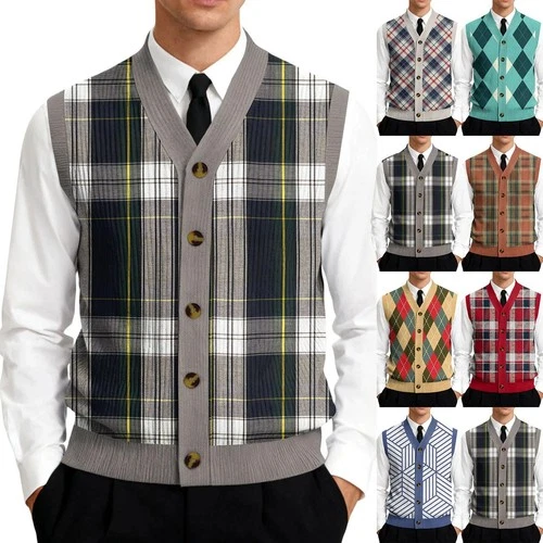 Men's Knitted Vest Sleeveless Autumn Winter V Neck Sweater Vest Single-Breasted - product listing photo