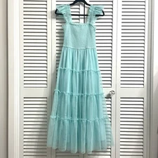 NWT Bibi Aqua Blue Square Neck Sleeveless Tulle Smocked Midi Dress Women’s Sz S