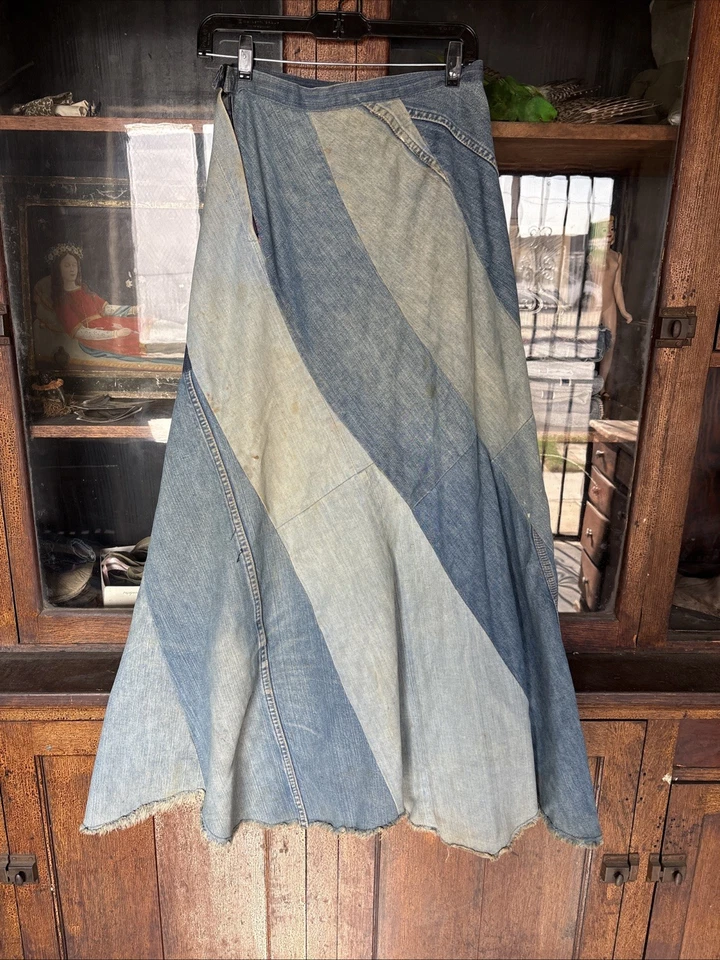 复古 20 世纪 60 年代/70 年代牛仔拼布裙嬉皮波西米亚 Selvedge Redline Groovy — 第 2/4 张图片