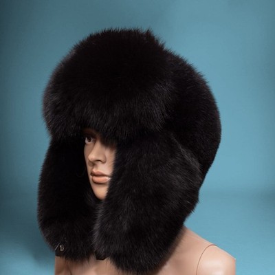 Genuine Black Velvet Fox Fur Handmade Men s Winter Trapper Ushanka Hat Luxury