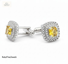 925 Sterling Silver Yellow Citrine Double Halo Cufflinks for Men