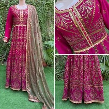 Pakistani Hot Pink Long Maxi Style Embroidered Sequins Chiffon Dress,L