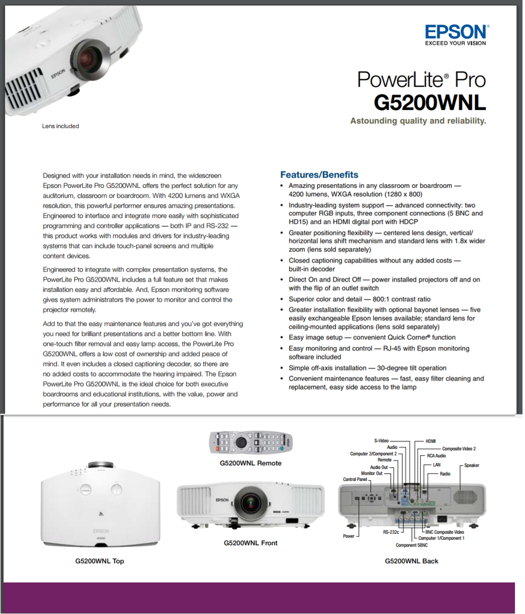 『T172』EPSON高輝度液晶プロジェクター EB-G5200W 4200lm Amazon.com: Epson EB-G5200W 3LCD Projector 4200 ANSI HD