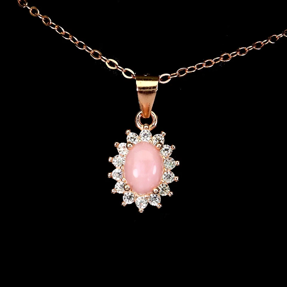 925 Sterling Silver Oval Pink Opal 7x5mm Simulated Cz  Necklace 16.5ins - Image 2 of 4