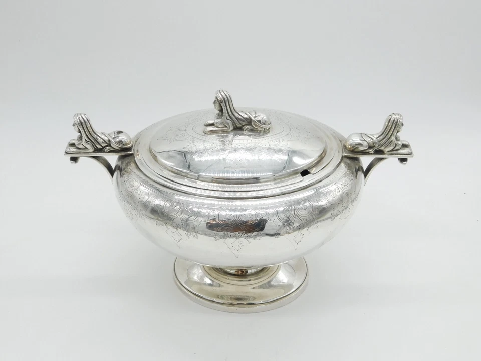 Викторианский большой посеребренный антикварный суп с диафрагмой египетского возрождения c1880 - Изображение 2 из 4