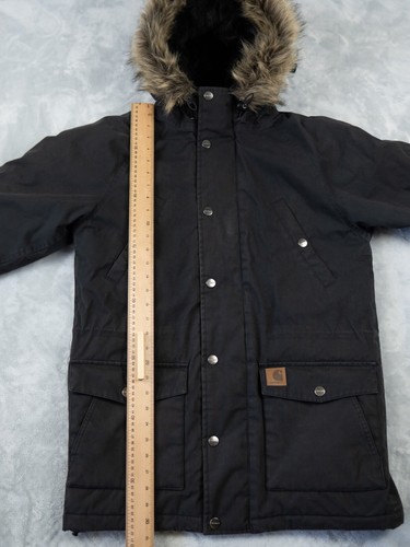 Carhartt WIP Trapper Parka Jacket Black Medium Men's Fur Hood Coat - Picture 7 of 11
