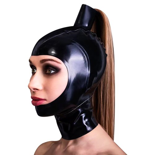 Latex Gummi Hood Blond Ponytail Wig Open Face Rubber Mask Cosplay Fetish BDSM US - Picture 1 of 4