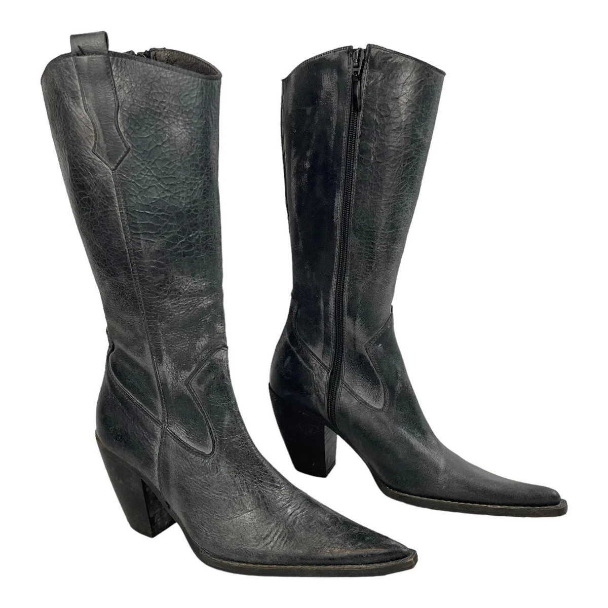 cowboy boots black leather with distressed grey effect women uk 3 italy vtg