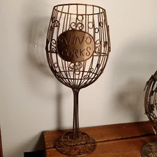 Tall Cork Holder, Wine Glass Shaped, Black Brassy Metal