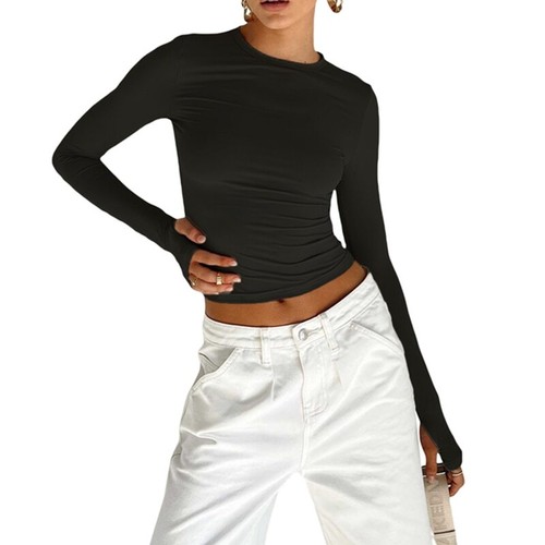 Spring T-Shirt Long Sleeve Crew Neck Slim Fit Ladies Crop Top with Thumb Holes - Picture 9 of 32