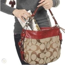 Coach Zoe Hobo Signature Logo Black Canvas Leather Shoulder Tote Purse Bag