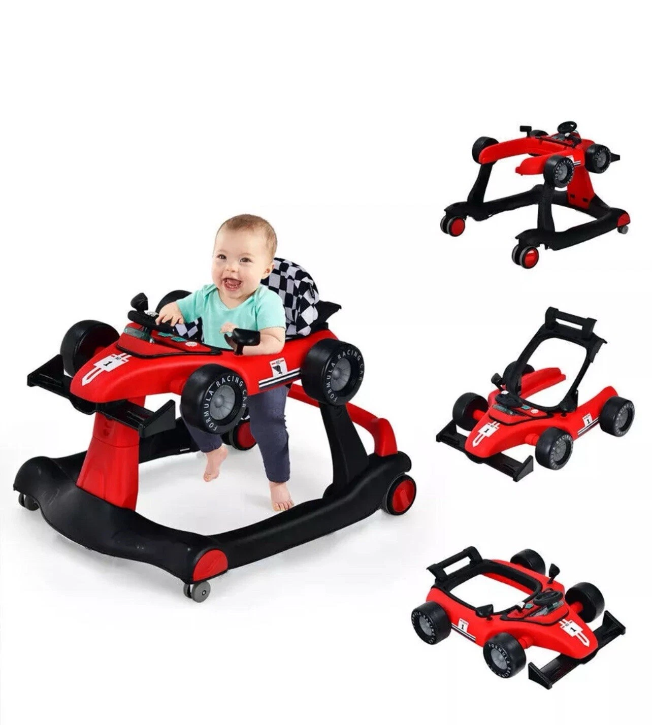 4-in-1 Baby Walker Foldable Push Walker with Adjustable Height & Speed - Red