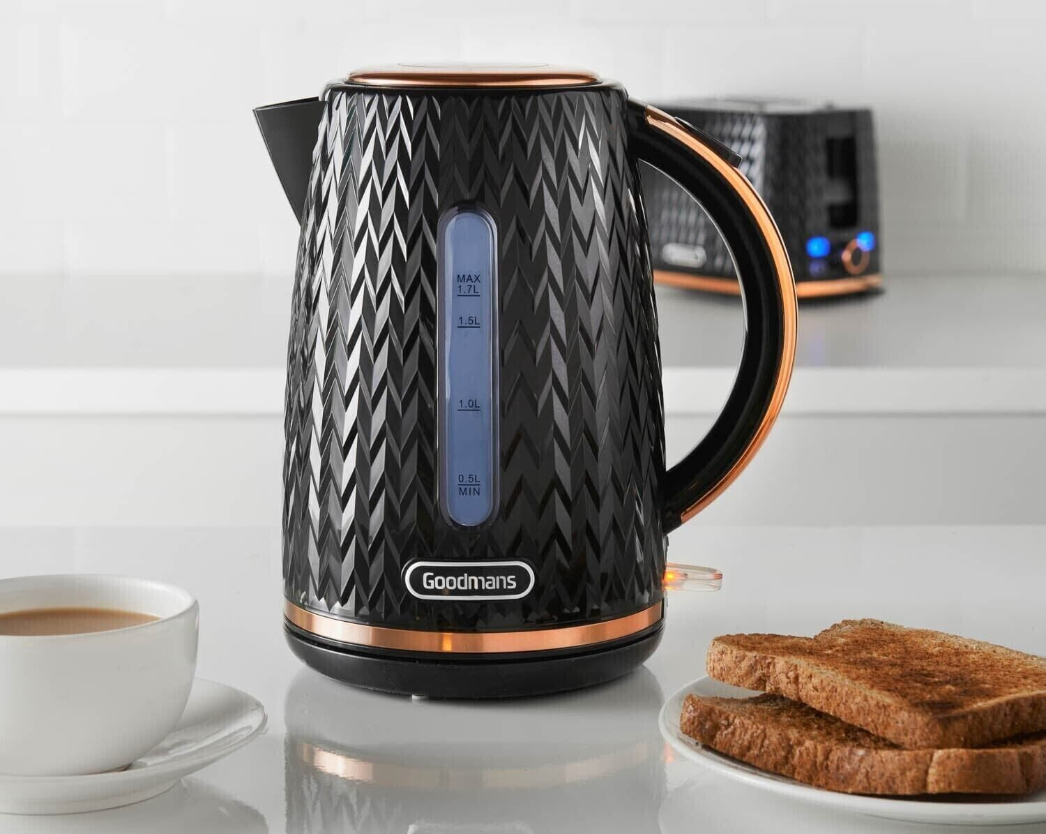 Goodmans Black & Rose Gold Textured Kettle & 2 Slice Toaster Set
