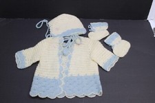 Vintage Handmade Baby Boy Blue Sweater , Hat  Booties