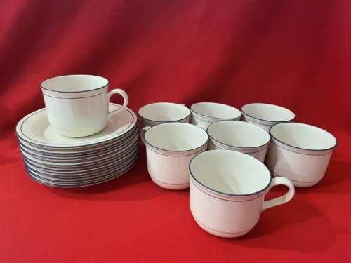 16-pc Lenox Chinastone Blue Pinstripes Cups And Saucers, Made In USA, A1689