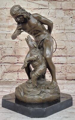 AMERICAN NATIVE TRAINING A BEAR BRONZE STATUE SCULPTURE ON MARBLE BASE GIFT NR