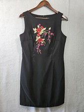 Vintage Caren Desiree Company Shift Dress Size 10 Black Embroidery Floral LBD